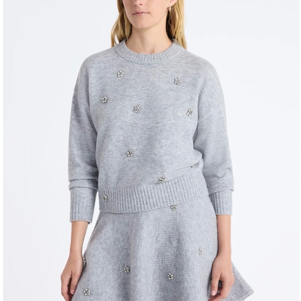 Embellished Light Gray Crewneck Sweater